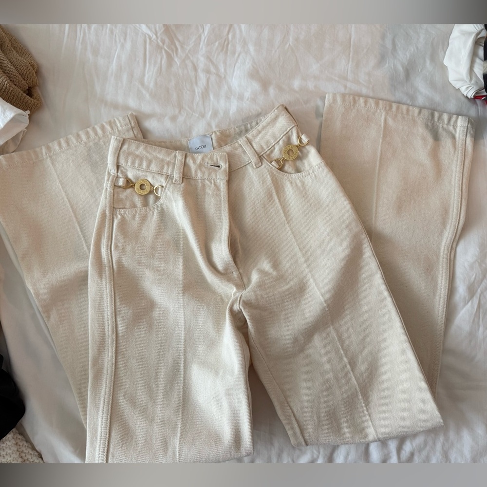 PATOU SIZE 32 Cream High-Waist Wide Leg Jeans with Gold Hardware